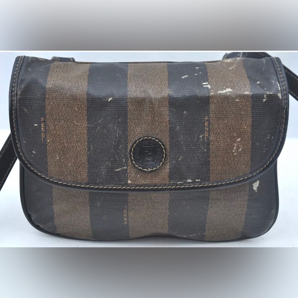 Authentic FENDI Pequin Shoulder Cross Body Bag PVC Leather Brown Black - Picture 12 of 13